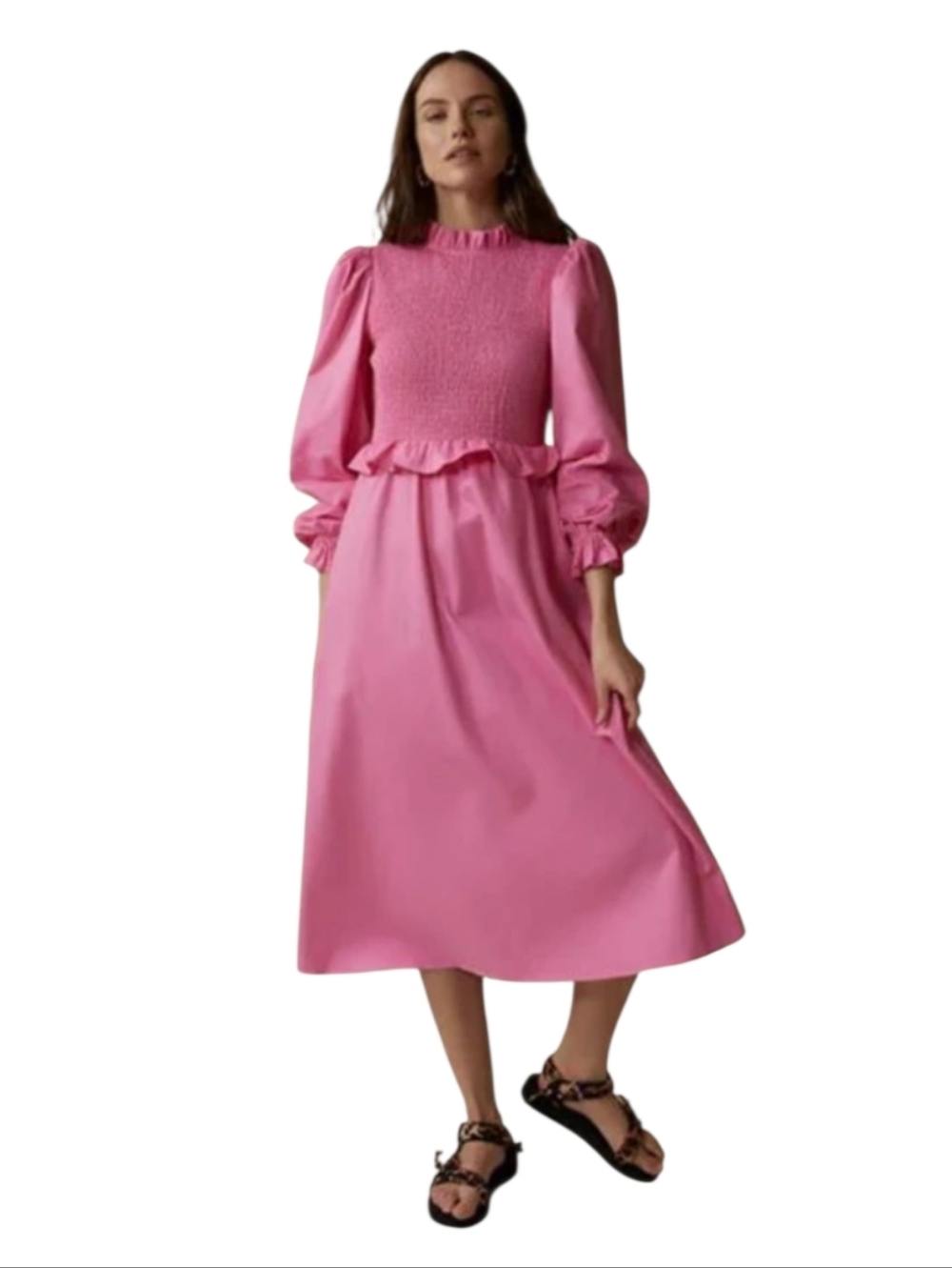 Kitri Vibrant Pink Smocked Mock Neck Midi Dress with Puff Sleeves